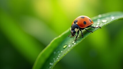 Fototapeta premium Ladybug On Dewy Green Leaf Close-Up