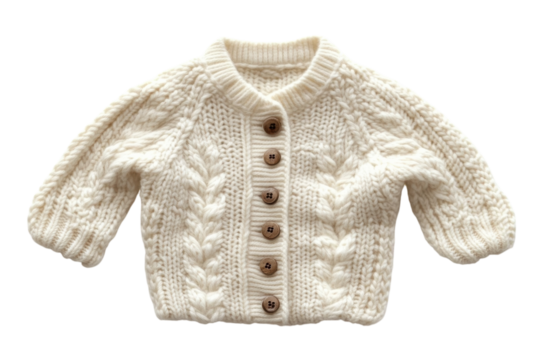 Adorable baby s cream cable knit cardigan featuring wooden buttons against a black background Soft cozy on transparent background