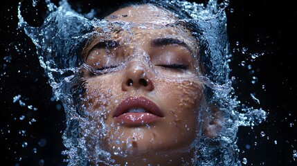 Beautiful Woman with Water Splashing on Face Against Black