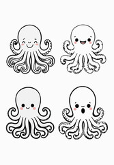 Set of four charming octopus illustrations perfect for kids products or whimsical designs.	