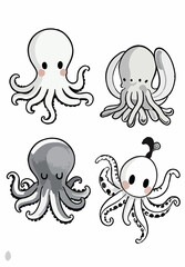Set of four charming octopus illustrations perfect for kids products or whimsical designs.	
