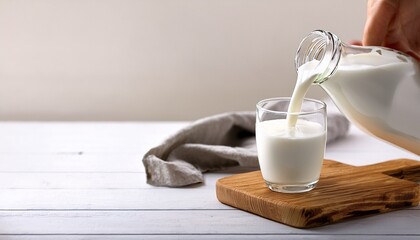 pouring homemade kefir buttermilk or yogurt with probiotics yogurt flowing from glass bottle on white wooden background probiotic cold fermented dairy drink trendy food and drink copy space left