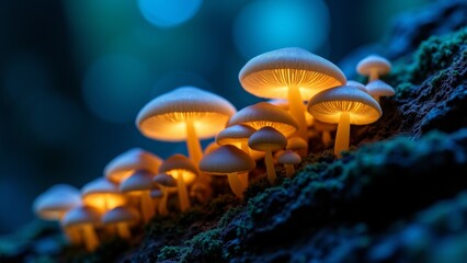 Glowing Mushrooms On A Mossy Log