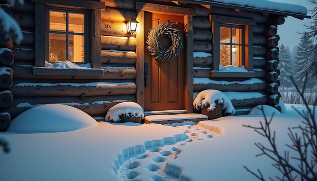Cozy log cabin with glowing windows nestled in a snowy winter wonderland - Powered by Adobe