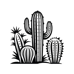 Silhouette Cacti Grouping Black and White Simple Design, Stylized Desert Flora, Nature