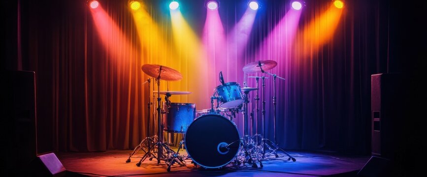 Vibrant drum set lit by colorful stage lights in a music venue before a performance
