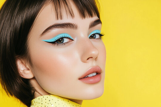 Trends in cosmetics featuring modern makeup with bold eyeliner and glowing skin on a model in front of a yellow background, generative ai