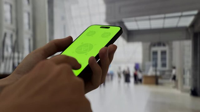 GREEN SCREEN CHROMA KEY Person holding a smartphone with a green screen inside a museum or cultural exhibition space, modern architecture in the background