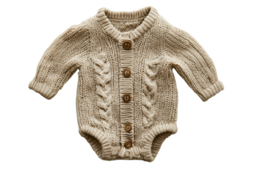 Adorable beige baby knitted cardigan romper button closure soft cable knit texture against a black on transparent background