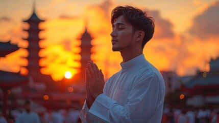 Serene Sunset Prayer: A Man Finds Peace Amidst Ancient Temples