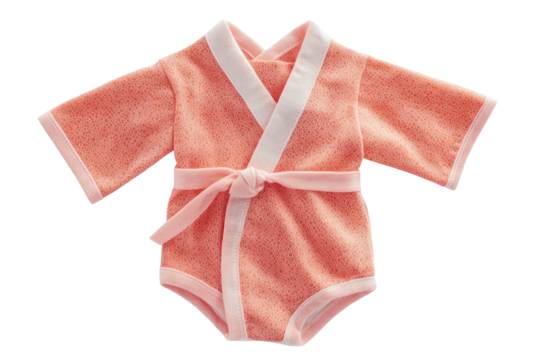 Adorable coral baby kimono bodysuit perfect for newborn photoshoots Delicate coral pattern white trim on transparent background