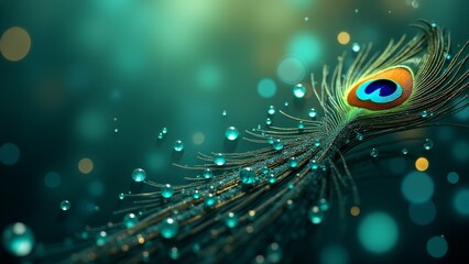 Peacock Feather With Water Droplets-Teal Background