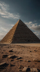 Mysterious pyramid against a stark landscape.