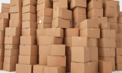 Neatly stacked brown cardboard boxes on a pristine white background , recycle, sustainable living