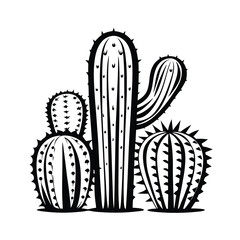 Silhouette Cacti Group, Black and White Desert Plants, Floral Desert Flora Pattern