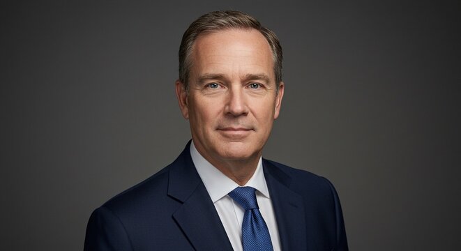 Portrait of a middle aged man with short brown hair wearing a suit and tie on a gray background