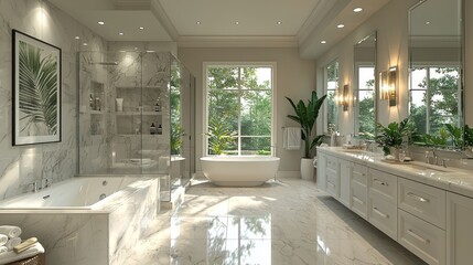 Luxury Marble Bathroom with Freestanding Tub and Natural Light