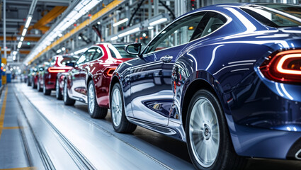 A line of brand new cars in a modern factory, ready for the next stage of production.