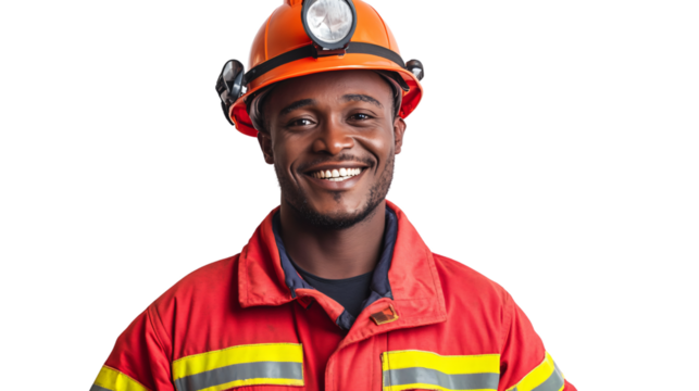 Cheerful African American Firefighter in Red Uniform Smiling Happily in Studio Portrait Image