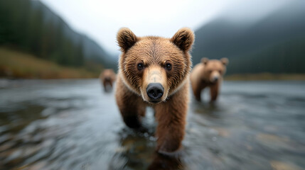Brown Bears in a River: A Close-Up of Three Bears Walking in Shallow Water on an Overcast Day