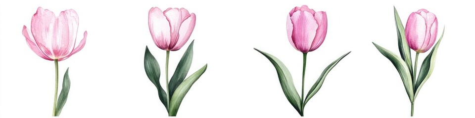 Obraz premium Four Watercolor Light Pink Tulips with Green Leaves Isolated on White Background