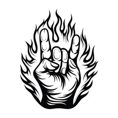 Hand in Rock and Roll Sign with Burning Fire Style Black and White Art