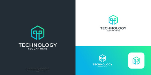 Fototapeta premium Geometric letter T logo design. Abstract hexagon shape with technology symbol. Usable for business and company.
