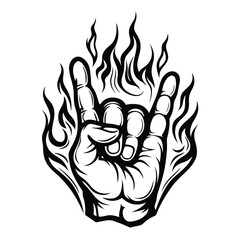 Rock Hand Gesture, Black and White, Flames, Outline, Isolated, Heavy Metal, Sign