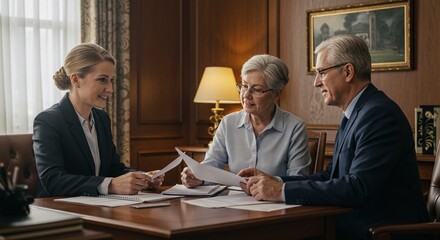 Woman presenting documents to senior couple at desk in office with painting and lamp visible