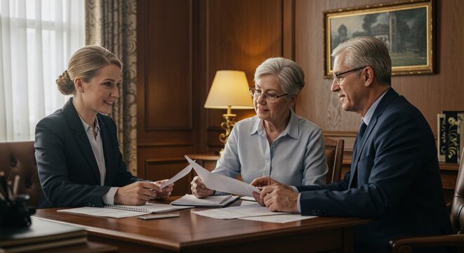 Woman presenting documents to senior couple at desk in office with painting and lamp visible