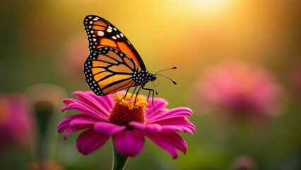 Fototapeta premium Monarch Butterfly On Pink Zinnia Flower