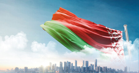 Belarus national flag waving with skyline and buildings. A beautiful view of flag with skyline.