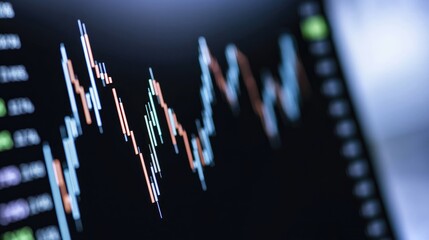 Stock market chart displaying fluctuating trends.  A close-up view of a computer screen showing various technical indicators and price movements.
