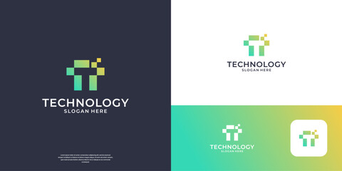 Fototapeta premium Letter T tech logo design vector. Abstract future icon with digital pixel symbol logo.