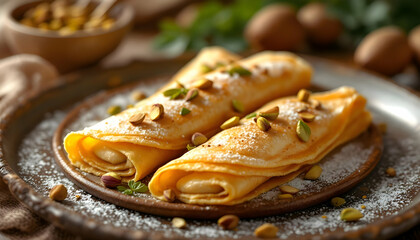 photograph-of-traditional-arabic-kataif,
Sweet golden rolls food photography tasty homemade meal close up
