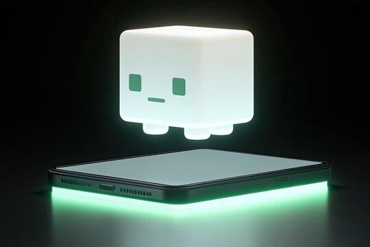 Floating cube character icon over glowing tablet