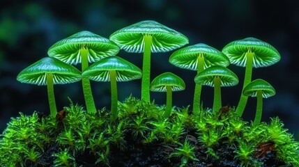 Enchanted Green Mushrooms: A Glimmering Forest Scene