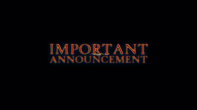 Important Annoucement red text spark lightning cinematic title animation on black abstract background. Promote advertising concept isolate using QuickTime Alpha Channel 