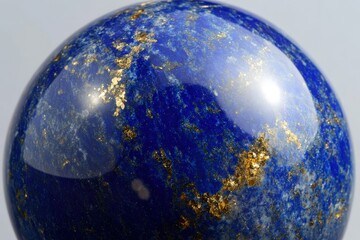 Polished sphere of deep blue lapis lazuli, featuring flecks of gold.