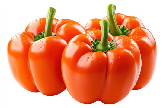 Three vibrant orange bell peppers glistening with water droplets