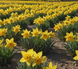Sunlit field of vibrant yellow daffodils in full bloom, petals glistening ,  nature photography,  spring,  macro