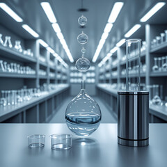 A delicate, translucent liquid bubble suspended in mid-air, surrounded by a sleek, modern glass flask and a stainless steel cylinder, set against a sterile, clinical medical science laboratory backgro