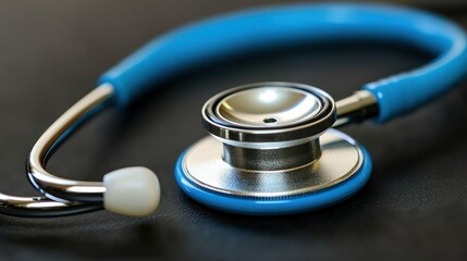 A Close-Up of a Blue Stethoscope on a Dark Surface