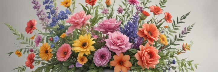 Watercolor floral bouquet, garden scene, bright hues ,  floral design,  flower bouquet