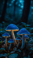 Mystical blue glowing mushrooms in a serene atmosphere.