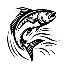 Abstract Silhouette Fish Leaping Out of Water, Black and White Seafood