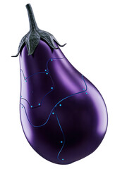 Futuristic robotic eggplant with smooth purple surface and blue circuits, isolated on a transparent background