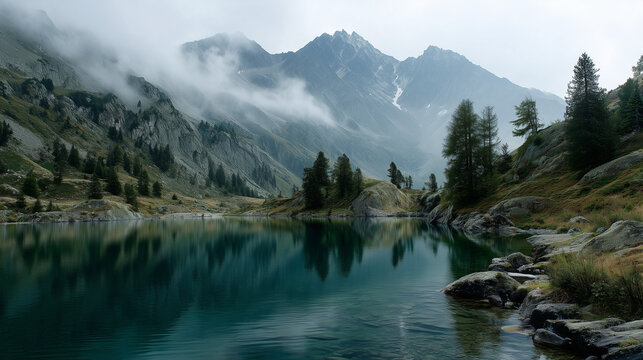 Beautiful mountain lake in the Swiss Alps - very romantic