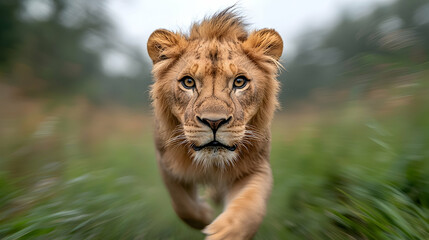 Obraz premium Young Lion Cub Running Through Grassy Field