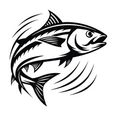 Black and White Stylized Silhouette of a Fish Leaping, Tribal Circular Pattern